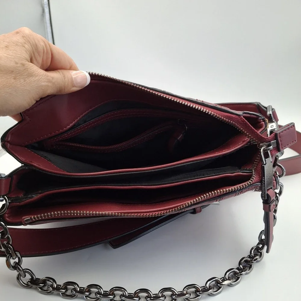 Calvin‎ Klein Crossbody Bag Burgundy Wine Mixed Media Embossed CK Logo Chain